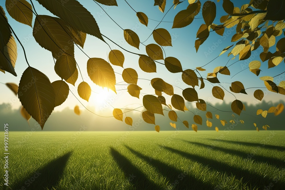 Poster dynamic 3d rendering of realistic shadowy leaves moving under sunshine on isolated backgrounds