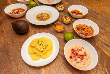 Ceviche is usually served with sweet potato, corn, cancha (toasted corn), slices of rocoto (a type of chili pepper) and zarandaja