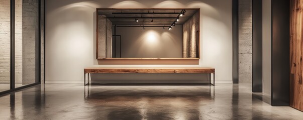 Fototapeta premium A sleek industrial entryway featuring a custom steel bench, a large wooden wall mirror, and polished concrete flooring reflecting minimalist track lighting