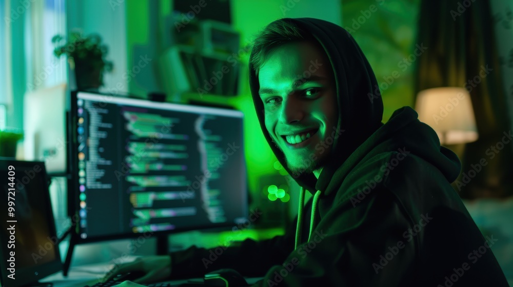 Poster portrait of a hacker in a neon-lit office, smiling amidst codes, highlighting themes of cybersecurit
