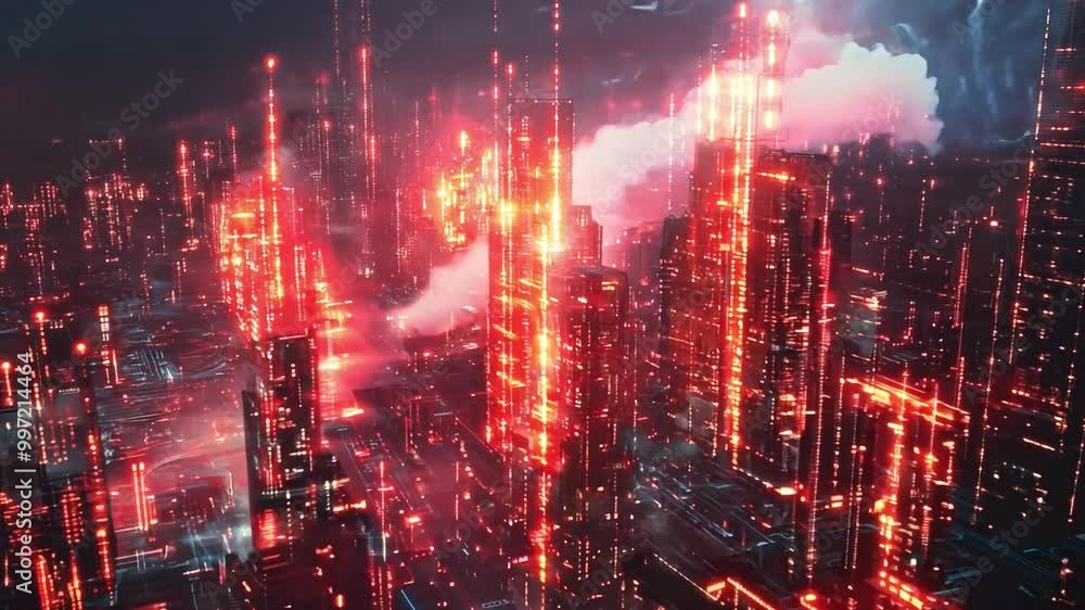 Poster Vibrant red and orange lights fill a futuristic city skyline, creating a striking contrast against dark clouds during twilight, evoking a vibrant atmosphere.