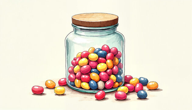 Glass jar filled with colorful jelly beans on a soft beige background
