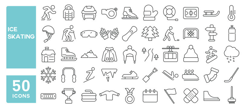 Set of 50 line icons related to ice skating, skate, winter, hockey, activity, gliding, board, ski, snow, stick, sport, slalom, athlete, Editable stroke. Vector illustration