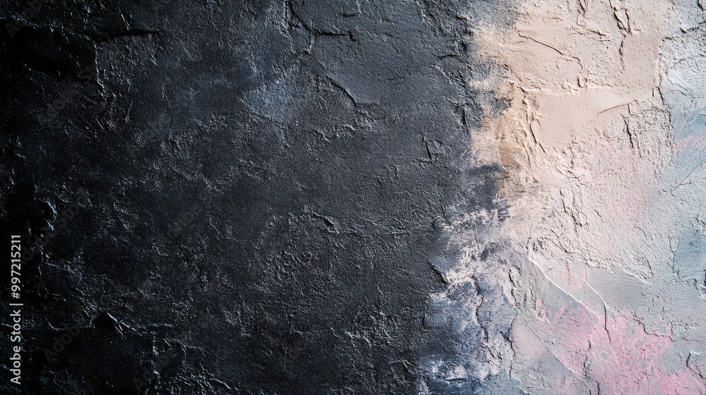 Poster a close-up view features a textured wall where a rough, matte black surface meets soft pastel colors