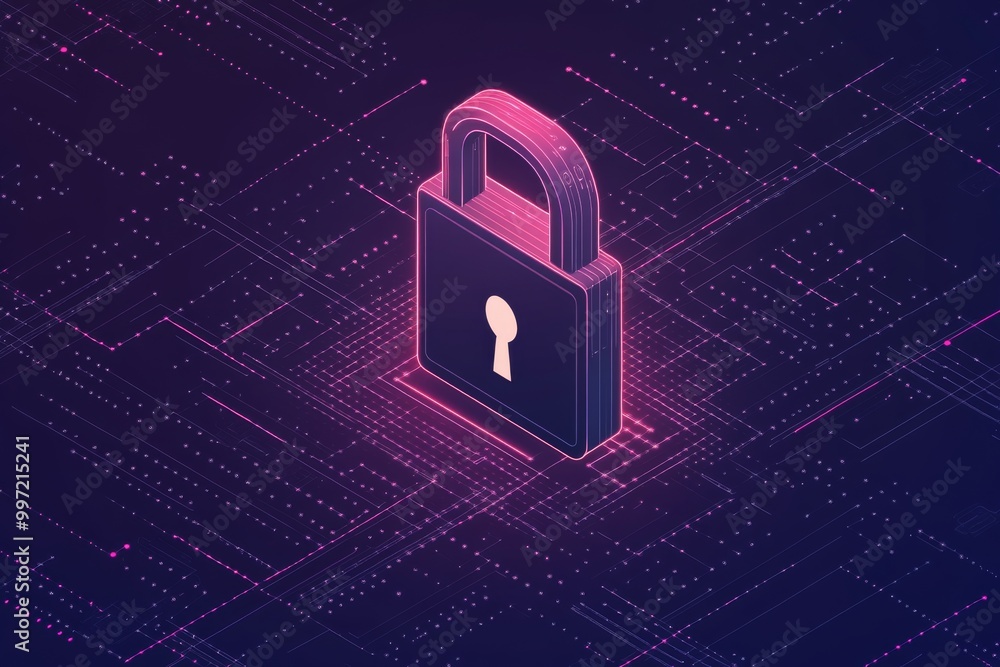 Poster neon pink padlock outlined with glowing digital circuits symbolizing encryption cybersecurity and da