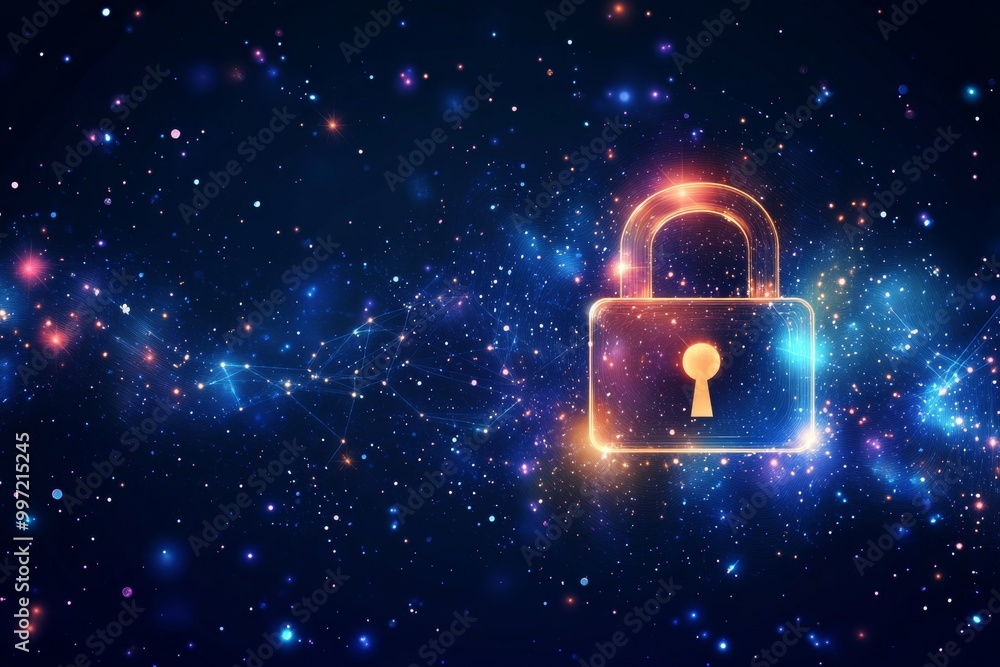 Poster bright blue padlock surrounded by a cosmic backdrop of stars symbolizing digital encryption data pri
