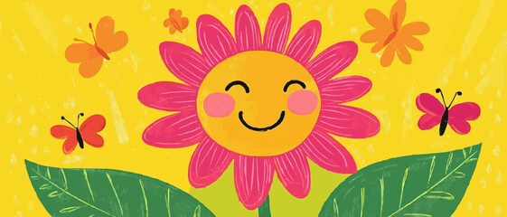 Cheerful Smiling Flower with Butterflies