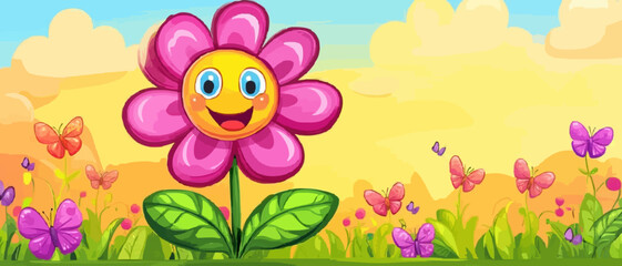 Cheerful Smiling Flower with Butterflies