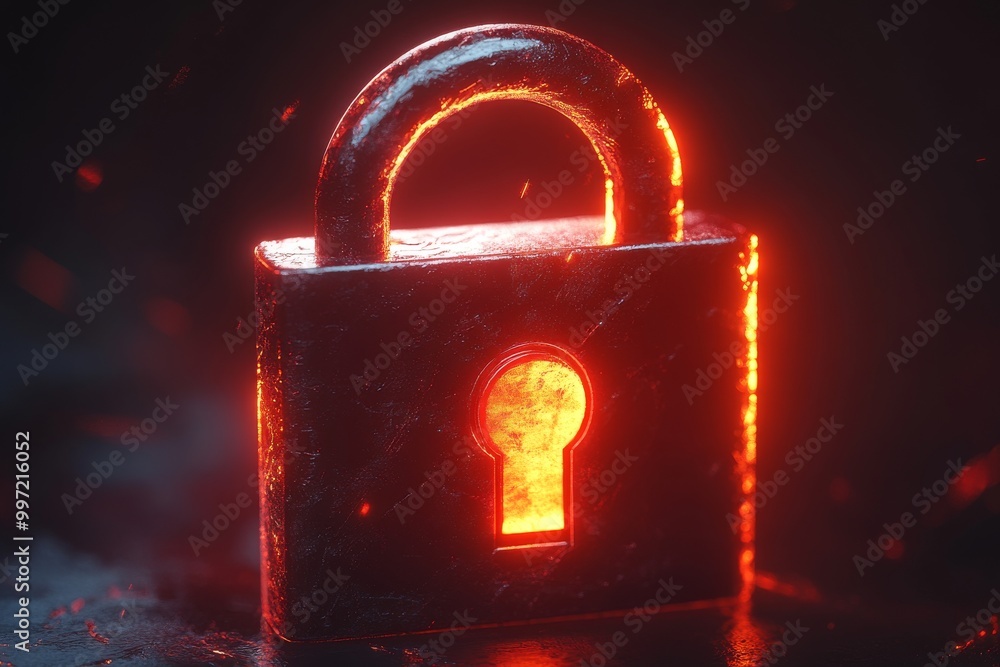 Poster glowing red padlock surrounded by digital sparks symbolizing encryption cybersecurity and data prote