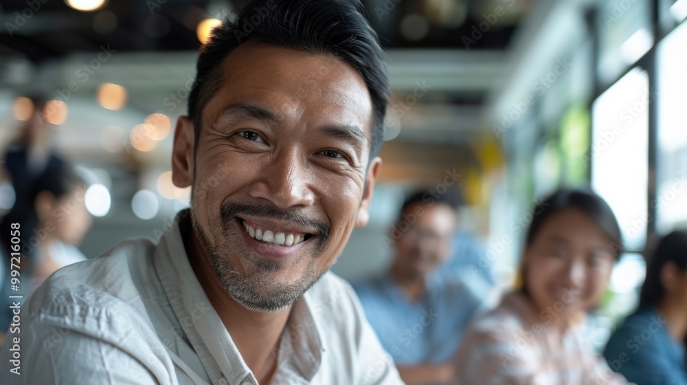 Poster portrait of a joyful businessman using a digital tablet with a team in an office setting for a meeti