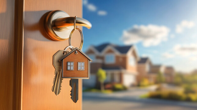House shaped keys hanging on door handle of residential home