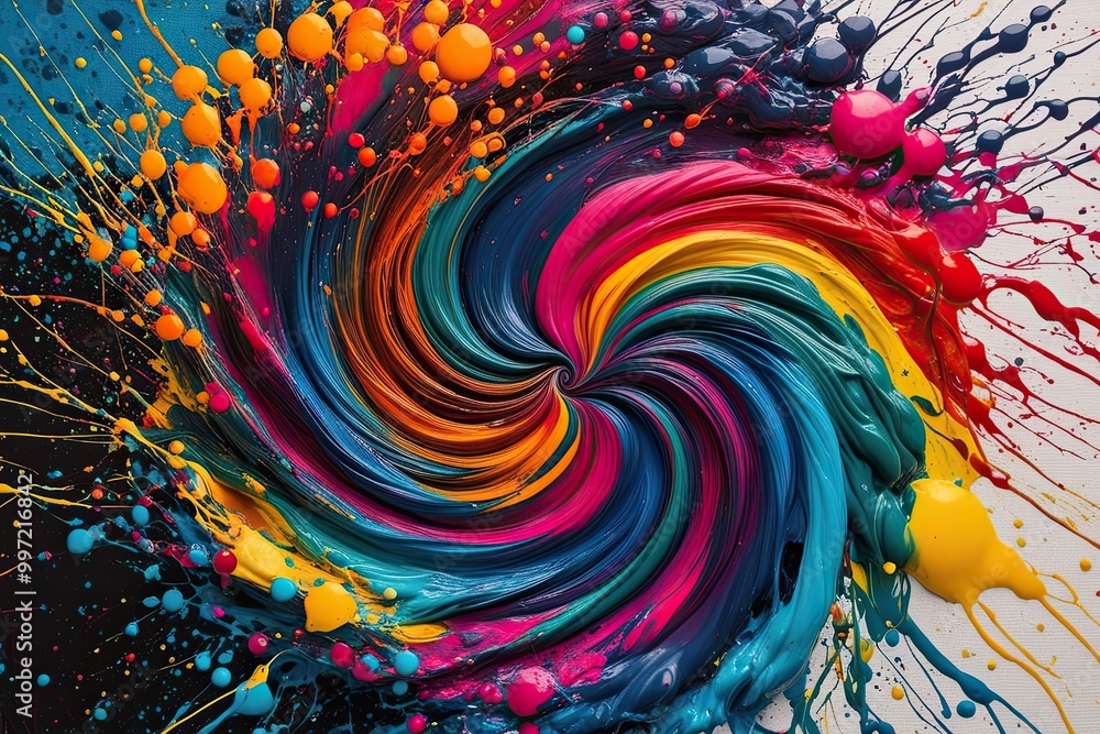 Poster a mesmerizing swirl of vibrant ink splatters on a canvas with dynamic colors and textures