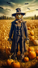A illustration of a Scary Halloween scarecrow in a field. The scarecrow is wearing a tattered outfit and a straw hat. he is standing in a field of pumpkins.	