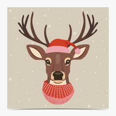 Cute greeting card with reindeer wearing pink and red Santa Claus hat and scarf, beige snowy background, vector illustration