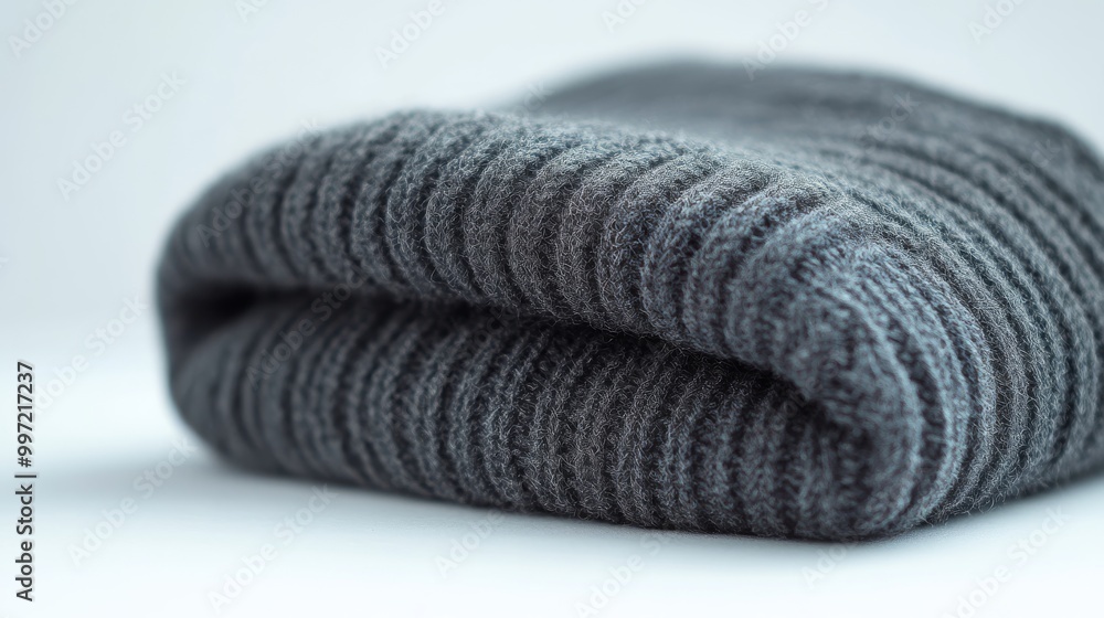 Poster a dark grey knitted beanie is neatly folded, emphasizing its texture and softness against a neutral 