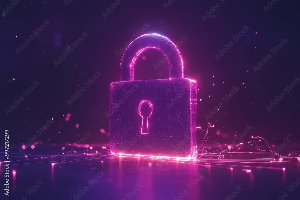 Poster neon pink glowing padlock in a digital grid symbolizing encryption data protection and online privac