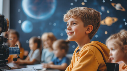 Boy in a classroom filled with space-themed decorations, eagerly learning about the solar system, surrounded by classmates and inspired by the wonders of the universe.