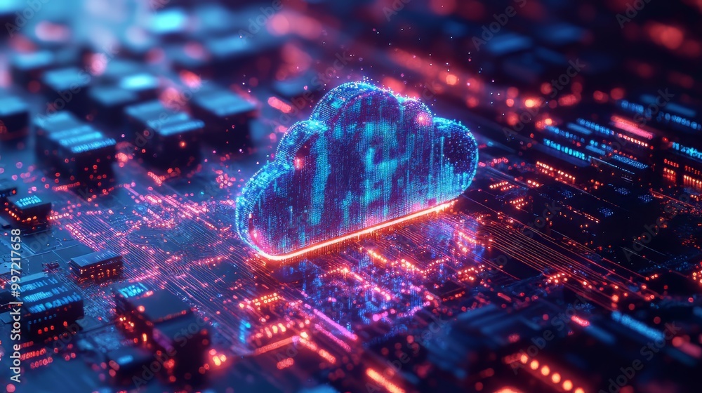 Poster concept serverless technology, hybrid cloud network, digital infrastructure, modern equipment. serve