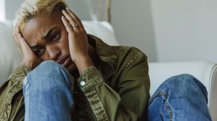 Obraz premium Individual reflecting on anxiety and sadness while sitting, experiencing feelings of frustration, loneliness, and past trauma related to mental health issues and stressful situations