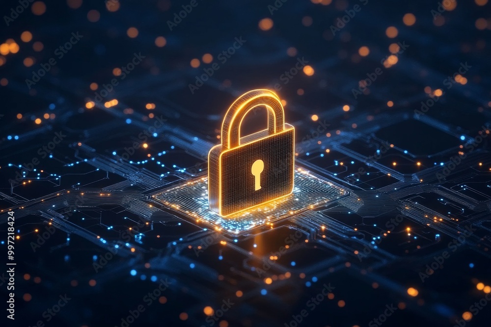 Poster glowing orange padlock with circuit lights symbolizing encryption data protection and cybersecurity 