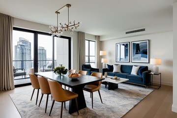 Fototapeta premium Stylish Modern Apartment Design with Welcoming Dining Area and Spacious Living Room Ambiance