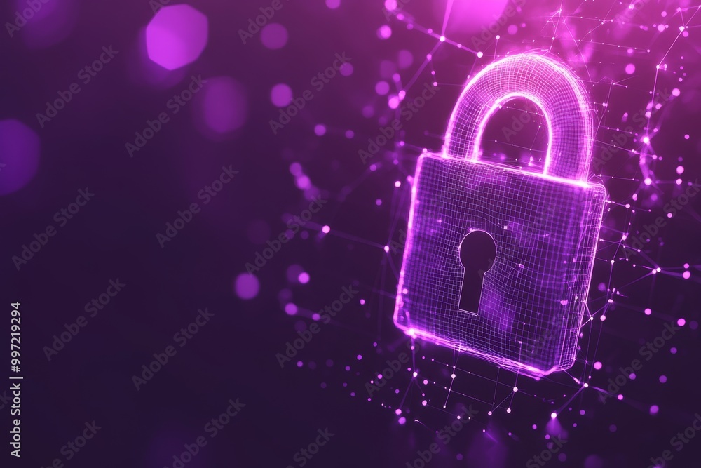 Poster neon pink glowing padlock floating amidst bokeh lights symbolizing encryption data protection and on