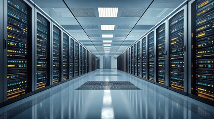Fototapeta premium Data infrastructure network server room with organized computer equipment. data migration. Ultra realistic. Photorealistic