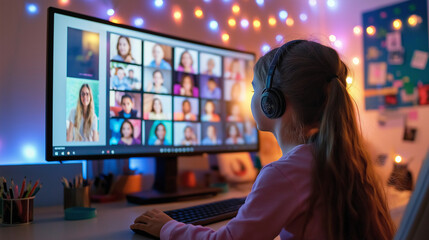 Girl participating in a virtual class, wearing headphones and focused on a group video call, surrounded by a cozy, brightly lit study space, fully engaged in remote learning.