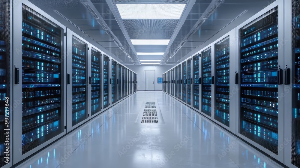 Poster data infrastructure network server room with organized computer equipment. data migration. ultra rea