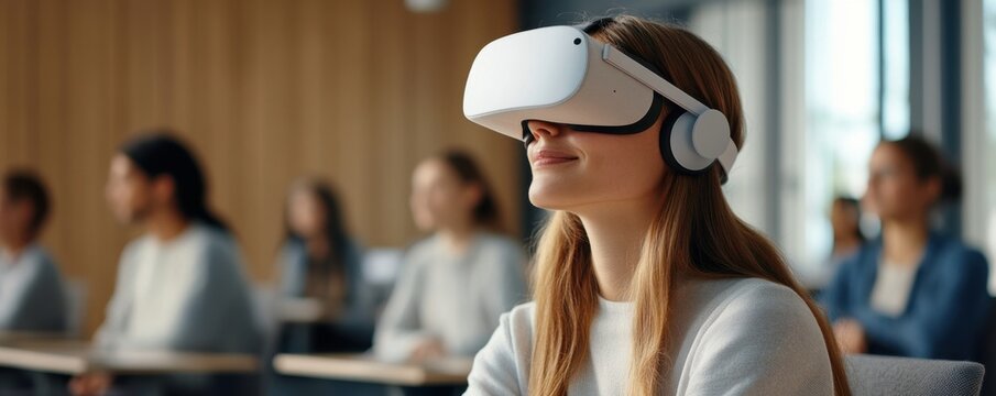 Engaged student using virtual reality in classroom setting