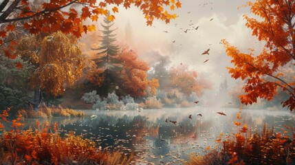 A serene autumnal scene with a misty lake surrounded by colorful trees. The leaves are a mix of orange, red, and yellow.