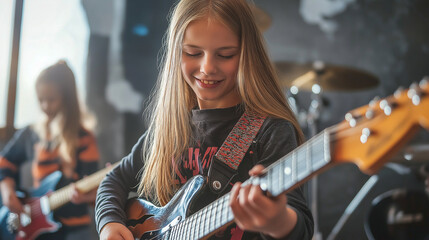 Girl playing the guitar during a band practice, focusing on the music, enjoying the creative process and teamwork with her bandmates in a lively and energetic setting.