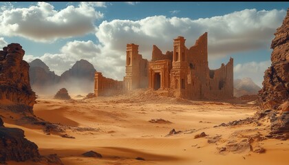 Ancient ruins in a desert landscape, cultural heritage, sharp focus, high detail, wide shot