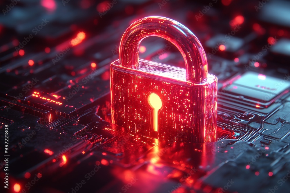 Poster glowing red padlock with circuit patterns symbolizing encryption data protection and cybersecurity i