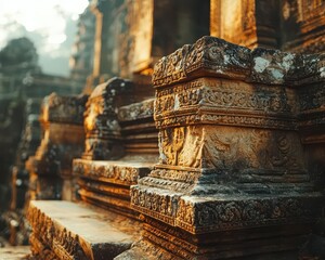 Fototapeta premium Ancient ruins of a temple with stone structures and carvings, cultural heritage, sharp focus, high detail