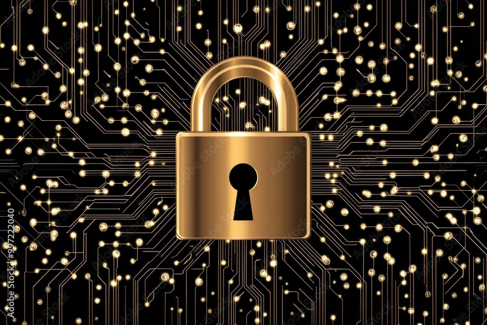 Aufkleber golden padlock integrated into a black circuit grid symbolizing encryption data protection and cyber