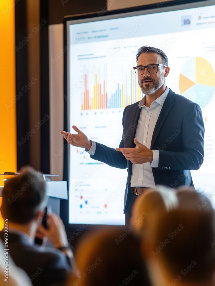 Poster an expert confidently delivers a presentation at a conference, highlighting colorful charts and grap