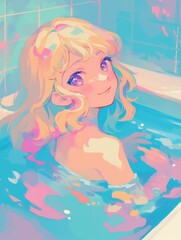 A cute girl with blonde hair and purple eyes is smiling joyfully while playing in the pool, surrounded by soft pastel colors of blue and pink, creating a dreamy and playful atmosphere.