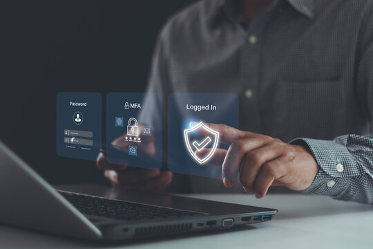 Multi factor authentication MFA method using mobile smartphone and laptop to protect data account on internet data security concept, computer technology icon. cyber security in two-step verification