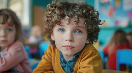 Fototapeta premium Image of a young child at a desk in a preschool setting, focused on education and learning activities
