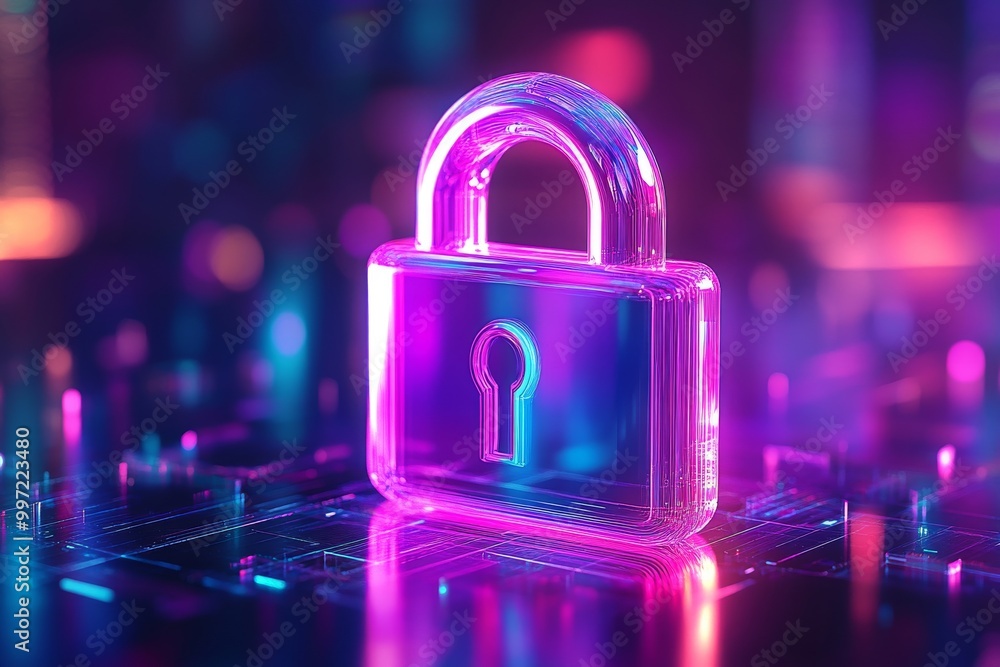 Poster transparent pink padlock glowing on a dark surface symbolizing encryption data privacy and online pr