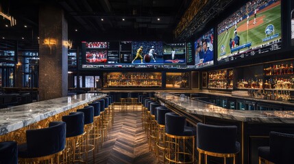 A sophisticated sports bar with marble tops, velvet bar stools, and gold sports memorabilia Multiple screens display sports events in a high-end environment