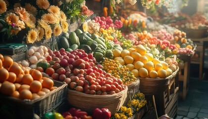 Farmer s market with fresh produce and flowers on display, vibrant atmosphere, natural lighting, high detail