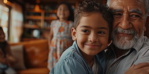 Obraz premium Family portrait filled with smiles and love, showcasing quality time and bonding together at home. Parents and children share joyful moments with grandparents in the living room
