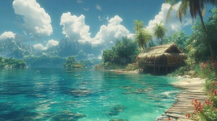 Tropical Island Paradise: Beach Hut and Crystal Clear Ocean