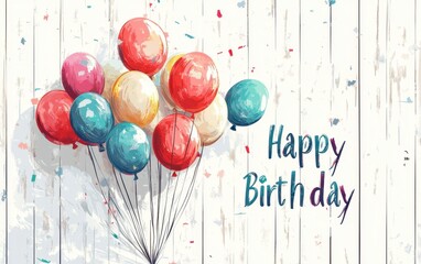 Happy birthday card with colorful balloons and text "Happy Birthday" on a white wooden background Generative AI