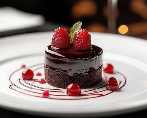 Fine dining dessert plated elegantly with artistic presentation, high-end restaurant, soft lighting, sharp focus