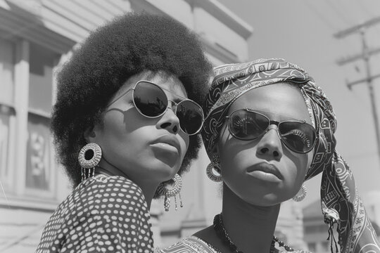 Two fashion african american women model posing on street in afro style of 70s, they wearing patterned shirts and dark sunglasses, vintage retro black and white film photography
