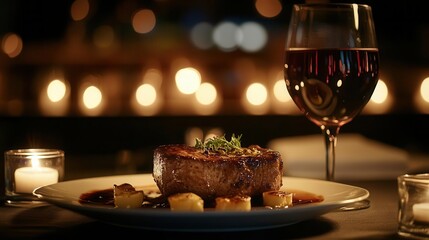 Fine dining in an upscale restaurant with candlelight and elegantly plated dishes, sharp focus, soft lighting