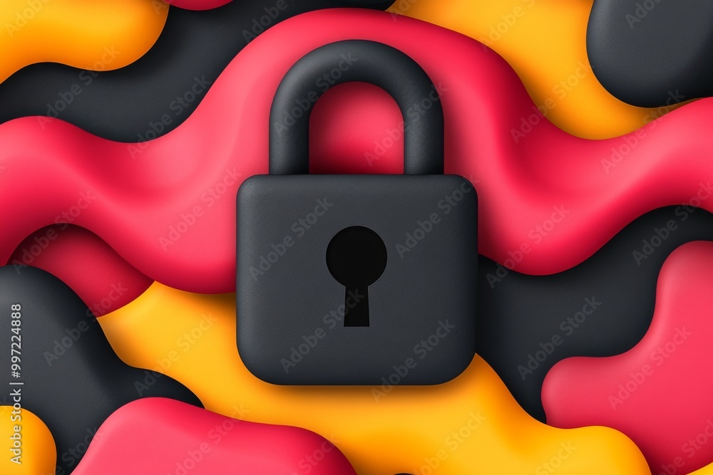 Poster black padlock over red and yellow abstract waves symbolizing encryption data protection and online s